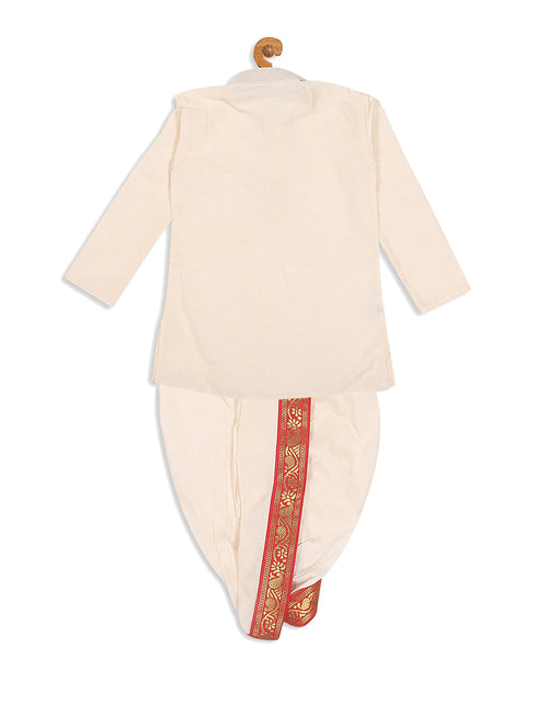 Vastramay SISHU Boy's Cream-Colored Kurta With Dhoti Pants & Dupatta Set
